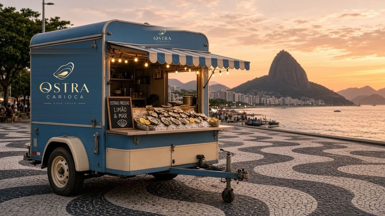 Food truck Ostra Carioca no calçadão, com o Pão de Açúcar ao fundo