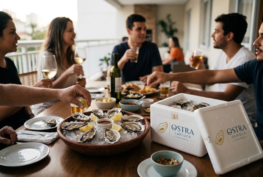 Amigos na varanda servindo ostras do isopor Ostra Carioca, com vinho branco e cerveja